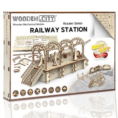 Scatola del modello Wooden City stazione ferroviaria